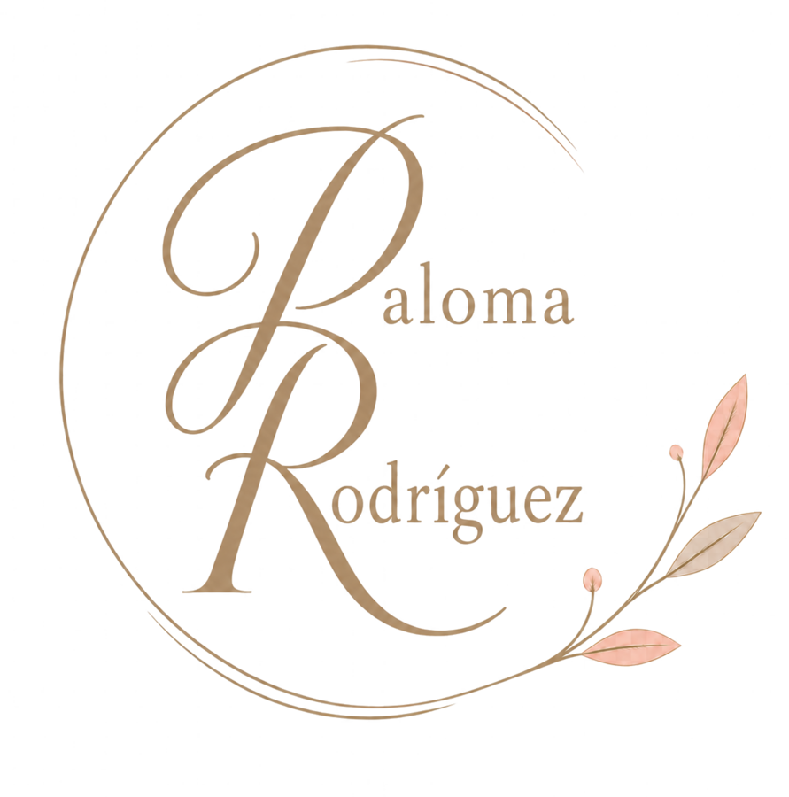 Paloma Rodríguez; monograma PR con una rama floral